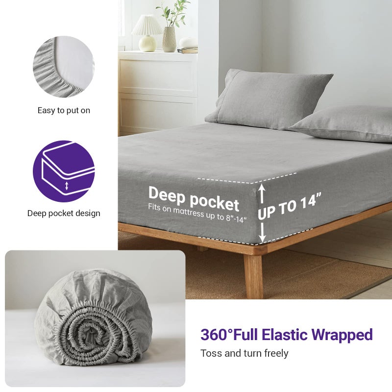 Simple&Opulence 100% French Linen Sheet Set Handmade Hemstitch-4 Pcs Natural Flax Farmhouse Bed Sheets(1 Flat Sheet 1 Fitted Sheet 2 Pillowcases)-Solid Color Soft Breathable Bedding-Light Grey, King - Image 4